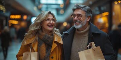 a stylish senior couple shopping for clothes, holding bags and smiling at each other, modern retail store setting, blank space on the right for text, bright indoor lighting photo
