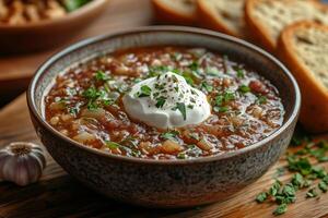a steaming bowl of Ukrainian borscht, topped with a dollop of sour cream, served with rye bread and garlic photo