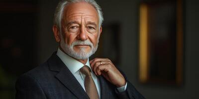 a senior man in a sharp suit, adjusting his tie, standing against a minimalist wall, empty space on the right for text, even studio lighting photo