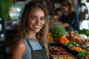 a female entrepreneur running a small cafe or food truck, preparing fresh local dishes for customers, surrounded by greenery and warm natural light, with a cheerful expression photo