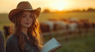 a female rancher standing near a herd of cattle, holding a notebook and talking to a farmhand, with a wooden fence photo