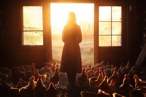 a female poultry farmer walking through a chicken coop, inspecting free-range chickens, with sunlight streaming through windows photo
