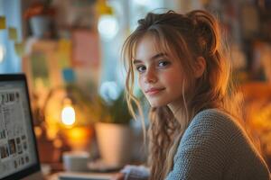 a teenage girl designing a logo on her computer, working in a cozy home studio with inspirational mood boards and sticky notes on the walls photo