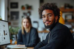 a teen web designer reviewing a wireframe with a mentor, sitting at a desk with dual monitors and notebooks filled with ideas photo