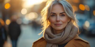 a stylish senior woman wearing a modern trench coat and scarf, walking confidently on a city street, blank space on the right for text photo