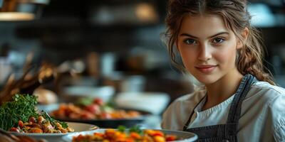 a teenage chef preparing a unique dish in a home kitchen, surrounded by fresh ingredients, utensils, and colorful plating, with clear room on the right for text photo