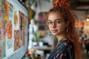 a teenage girl editing a poster design on a large screen, surrounded by coffee cups, pens, and vibrant design drafts photo