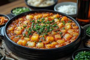 a traditional Korean meal with a pot of bubbling kimchi jjigae photo