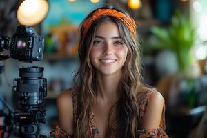 a teenage girl filming a tutorial for her online channel, surrounded by camera equipment photo