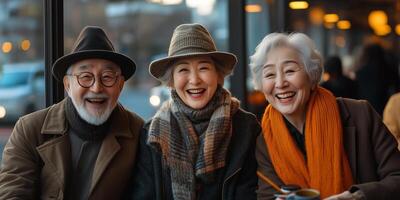a stylish senior group in trendy casual wear, laughing together at a cafe, modern cityscape in the background, right side empty for text, bright daylight photo