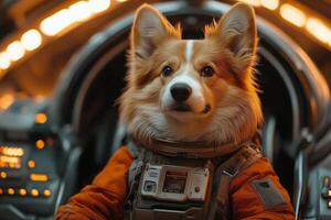 a dog dressed in astronaut gear, sitting inside a mock up spaceship cockpit, futuristic backdrop with glowing lights, bright studio setup photo