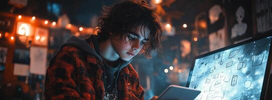 a teen animator creating digital illustrations on a tablet, with sketches pinned on the walls, glowing screens photo