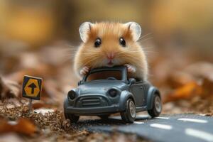 A hamster is playfully riding a miniature toy car, speeding down a cozy, fun road photo