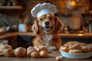 A dog, wearing a hat, sits on the kitchen counter surrounded by baking ingredients photo