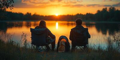 A couple sits by the lake, their cat relaxing in a cozy carrier photo
