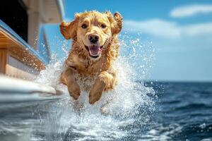 a dog jumping into the water from the side of a yacht, creating a splash, bright and cheerful summer day with blue sky and sea photo