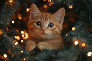 A cute domestic cat playfully explores the Christmas tree branches photo