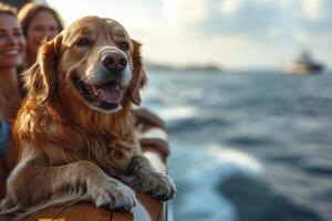 A cute dog enjoys a relaxing holiday with its family on a yacht deck photo