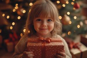 A delighted child unwraps a Christmas present, radiating bliss, satisfaction, and excitement photo