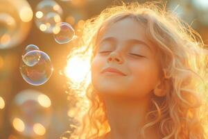 A delighted child blows bubbles, the sunlight illuminating a magical, euphoric scene photo