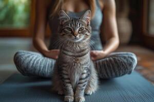 a cat sitting on a yoga mat next to a woman in a yoga pose, mimicking her stretched out position, minimalist studio with natural lighting photo