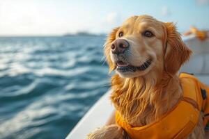 a golden retriever wearing a life jacket, standing at the bow of a yacht, looking at the water with excitement, clear blue sky and ocean background, bright sunlight photo