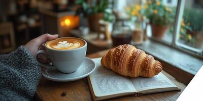 a hand holding a coffee cup over a wooden table with a croissant and an open book, minimalistic kitchen in the background, empty right side for text, warm natural light photo