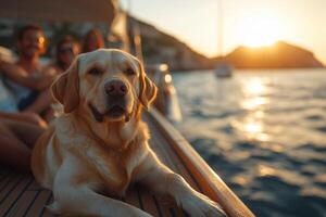 a group of friends relaxing on a yacht with a Labrador lying happily on the deck, sail visible in the background, warm afternoon sunlight photo
