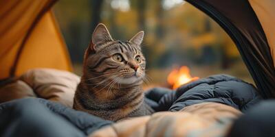 a cat curiously exploring the inside of a tent, cozy sleeping bags and a campfire outside, plenty of blank space on the right for text, soft morning light photo
