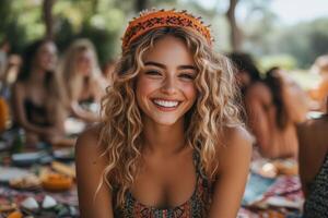 A group of friends laughs together at a cozy picnic in the park, feeling pure happiness photo