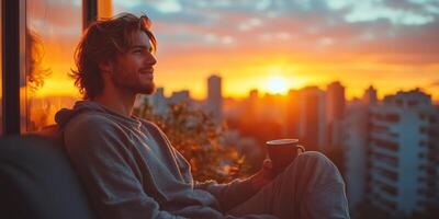 A man sips coffee on his balcony, wearing pajamas and enjoying a beautiful cityscape photo