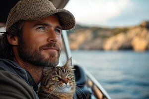 a man steering a yacht with his cat sitting on the console, curious expression on the cats face, open sea and horizon in the background, bright natural light photo