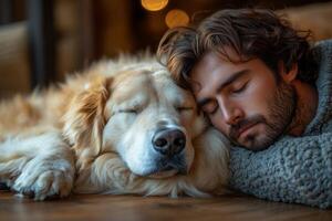 A man and his fluffy dog share a peaceful moment on the floor, filled with care photo