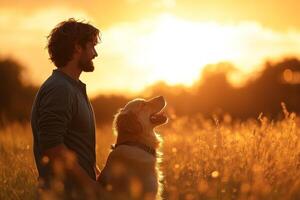 a man and his dog are in a field, both looking happy and engaged, golden sunlight casting long shadows across the grass photo
