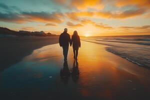 A senior couple walks hand in hand along the quiet beach, feeling the waves photo