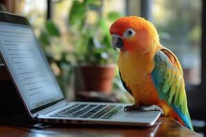 A colorful parrot perches on a laptop keyboard, adding a cheerful touch to the home office photo