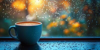 A cozy cup of coffee sits on the windowsill, with morning dew gently forming on the glass photo