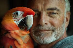 A man sits quietly with a parrot perched on his shoulder, sharing a peaceful moment photo