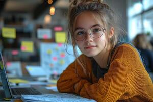 a teenage girl developing a mobile app, sitting at her desk with a laptop and sketches of app wireframes photo