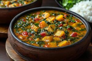 a Nigerian dish of egusi soup with pounded yam photo