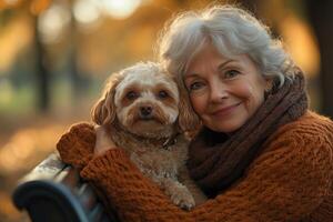 A senior woman and her dog share a joyful, intimate embrace in the autumn park photo