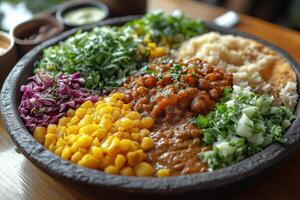 a traditional Ethiopian meal served on a large injera platter, topped with colorful wot and surrounded by small bowls of fresh salads, on a low wooden table with warm lighting photo