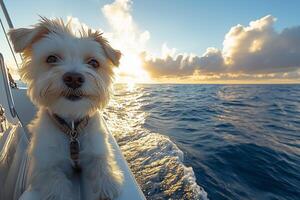A cute dog relaxes on the yacht deck, taking in the serene sea views photo