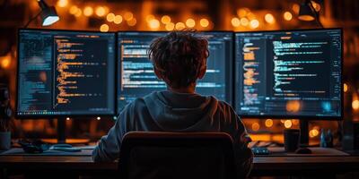 a teenage coder working on a project, sitting in a cozy workspace with multiple monitors displaying code photo