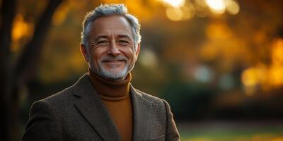 a senior man in a tailored blazer and turtleneck, smiling confidently outdoors, lush park background with copy space on the right, warm afternoon light photo