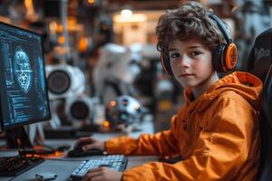 a teen boy creating a 3D model on a computer, wearing headphones and working on a futuristic design, with a modern gaming chair photo