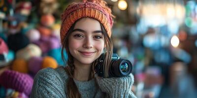 a teenage girl taking product photos for her handmade crafts, using a camera and lightbox, surrounded by colorful materials, with ample space on the right for copy placement