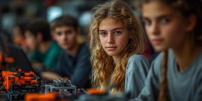 A teenage entrepreneur assembles robotic parts, showcasing ingenuity photo