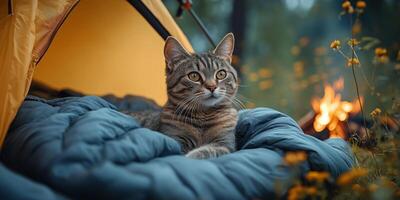 A curious cat explores the cozy tent, enjoying the peaceful morning outside in nature photo