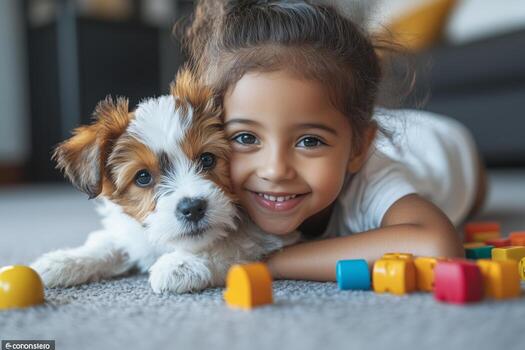 A cheerful child and a puppy lie together, basking in a moment of pure affection photo